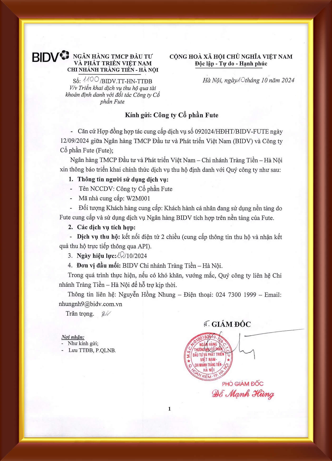 Công văn hợp tác BIDV và FUTE