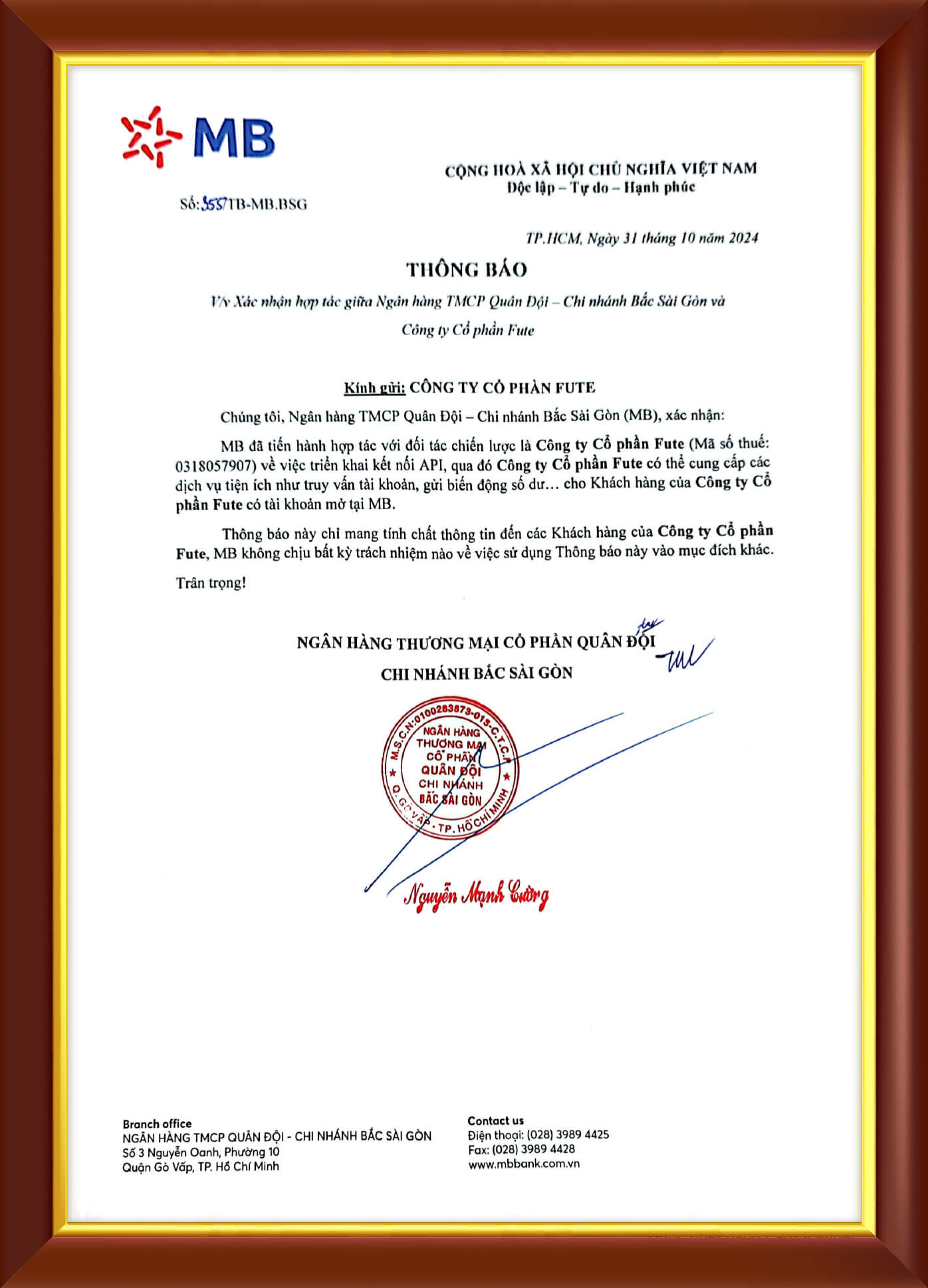 Công văn hợp tác MB và FUTE